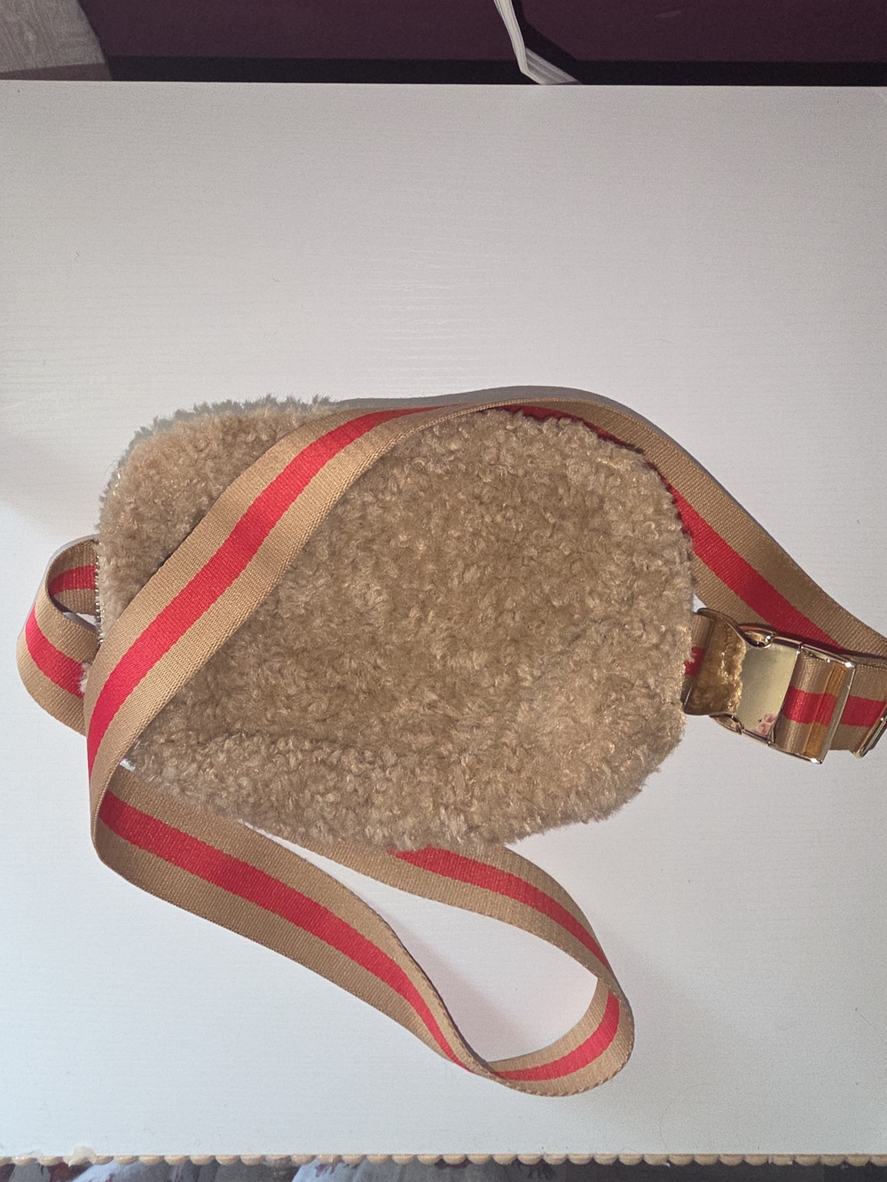 Anthropologie Tan Faux Shearling Crossbody Or Belt BAG with Red-Striped Strap